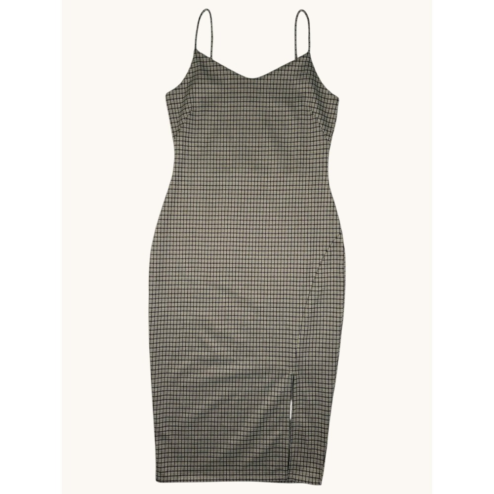 Hailey & Jane Tan Black Grid Check Midi Bodycon Dress Spaghetti Strap Slit L